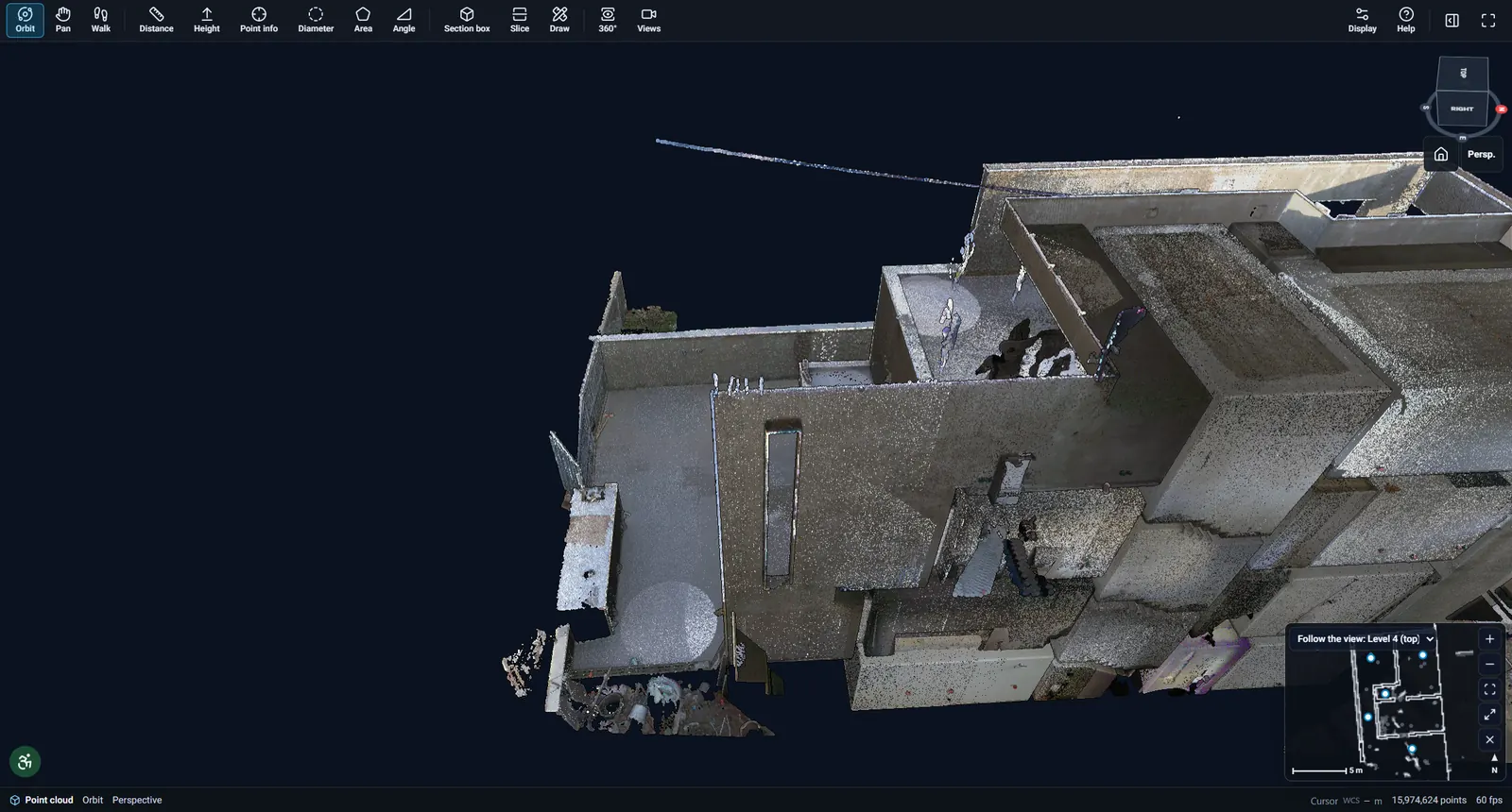 Aerial view of a street point cloud with tall apartment buildings, gardens and roads