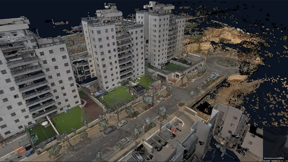 A street laser scan with apartment buildings, streamed as a 3D point cloud in the AgriCAD online viewer