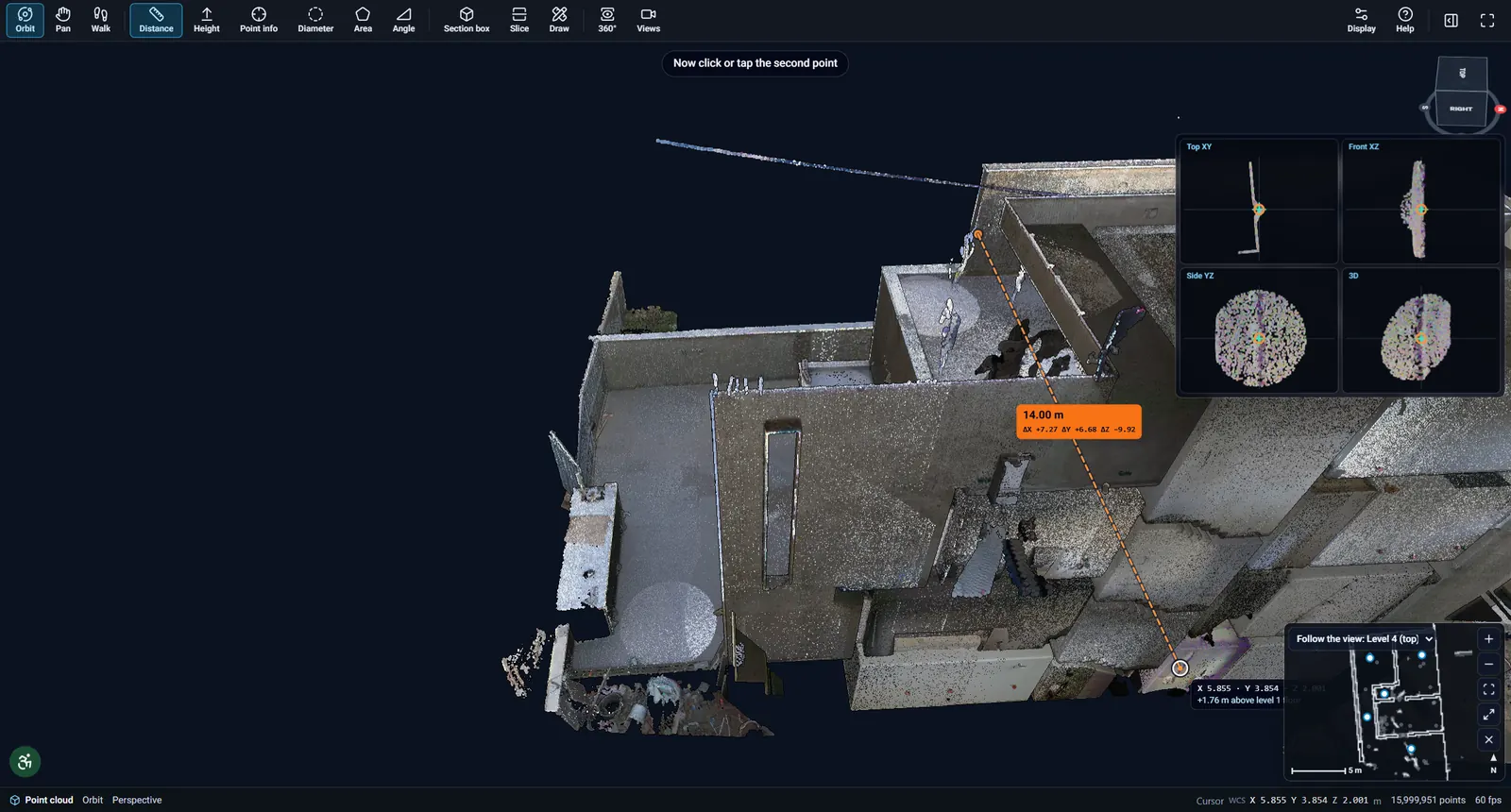 Distance measurement of 14 metres across a scanned building with helper views