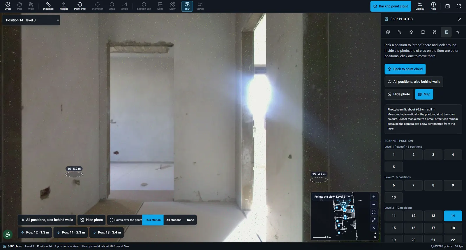 360° photo inside a building with markers to the next scanner positions and a mini-map
