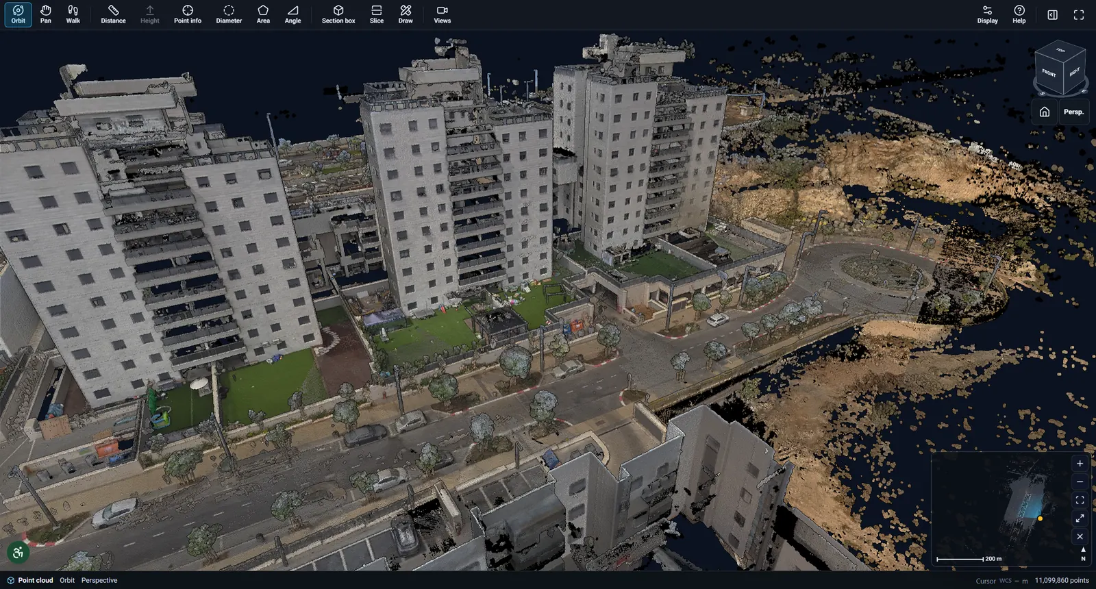 Aerial view of a street point cloud with tall apartment buildings, gardens and roads