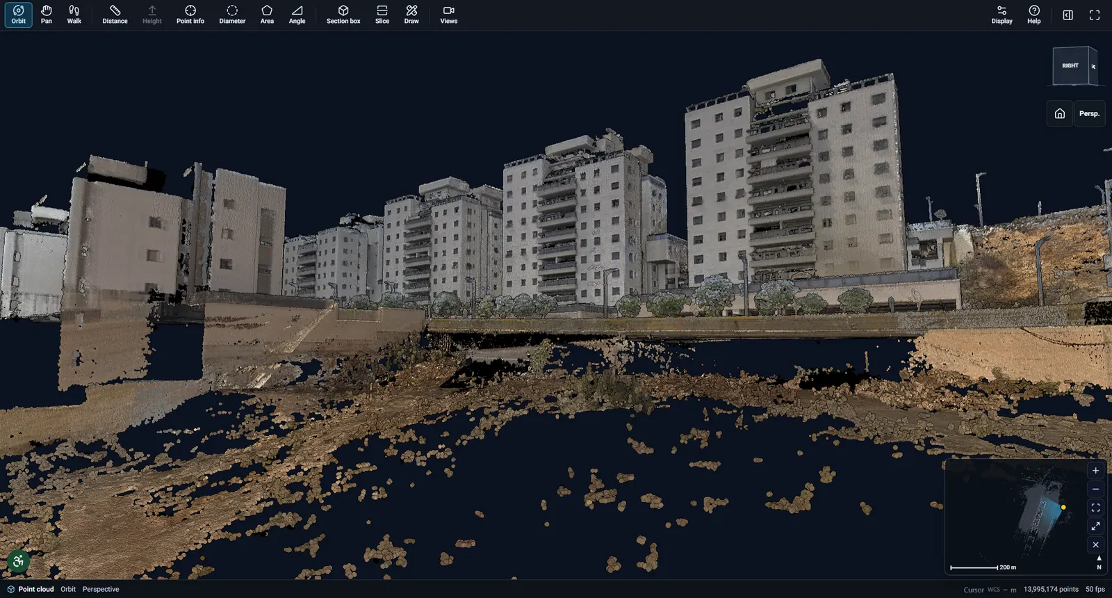 Aerial view of a street point cloud with tall apartment buildings, gardens and roads